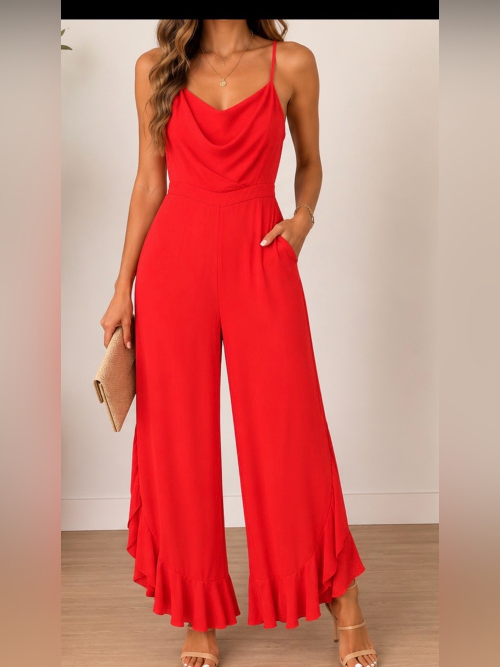 Davi & Dani Red Wide Leg Jumpsuit Ruffle Hem Size M.